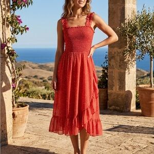 Maurices Rust Red Smocked Midi Dress with Ruffle Straps and Dotted Print